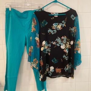 Chico’s Floral Blouse and Teal Capri Set